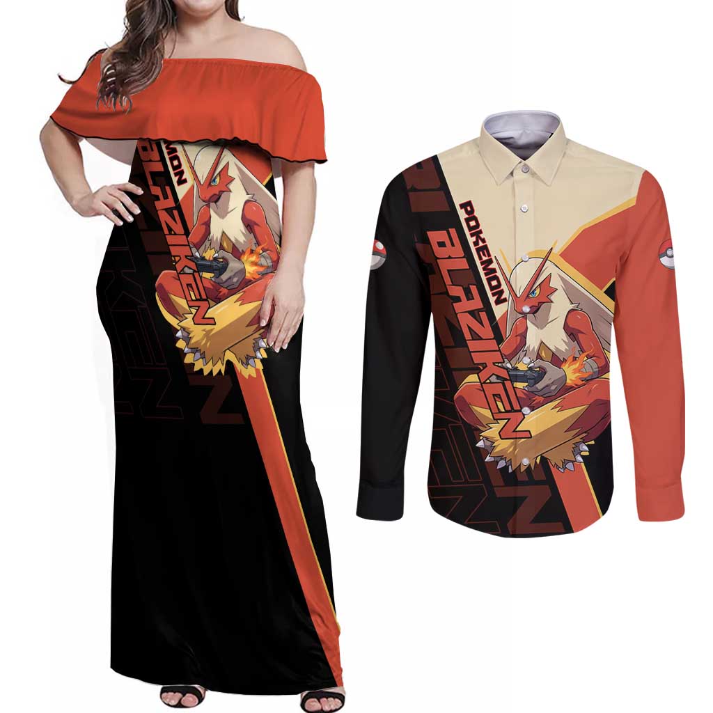 Blaziken Poké Couples Matching Off Shoulder Maxi Dress and Long Sleeve Button Shirt Retro Anime Vector Style