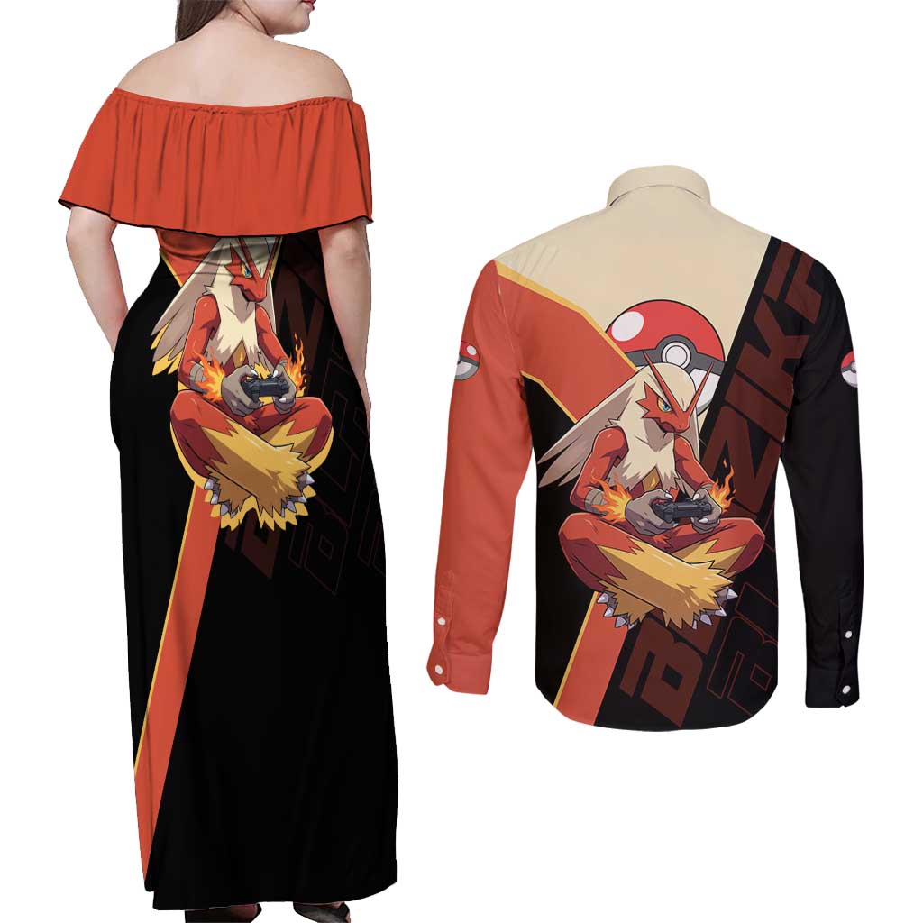 Blaziken Poké Couples Matching Off Shoulder Maxi Dress and Long Sleeve Button Shirt Retro Anime Vector Style