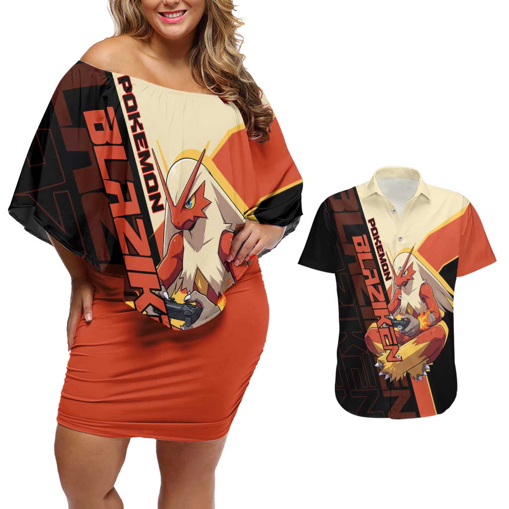 Blaziken Poké Couples Matching Off Shoulder Short Dress and Hawaiian Shirt Retro Anime Vector Style