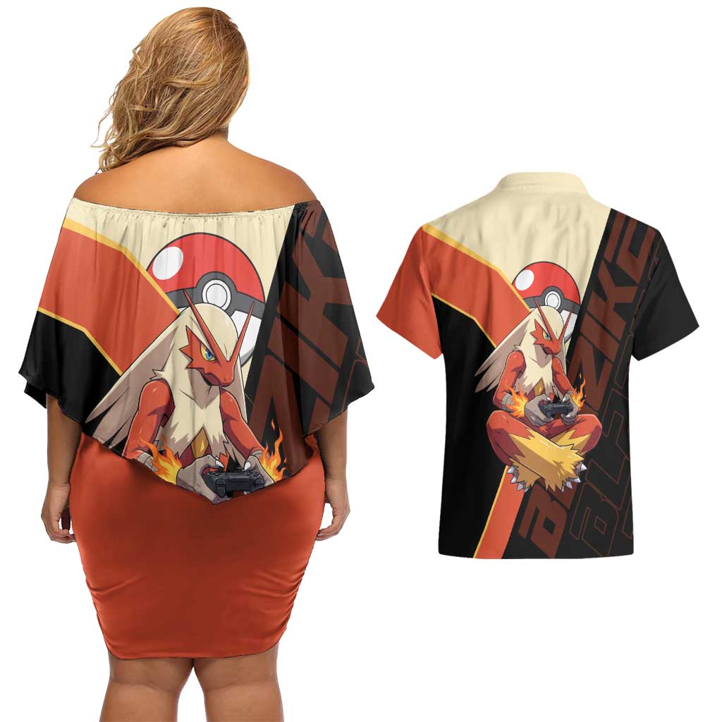 Blaziken Poké Couples Matching Off Shoulder Short Dress and Hawaiian Shirt Retro Anime Vector Style