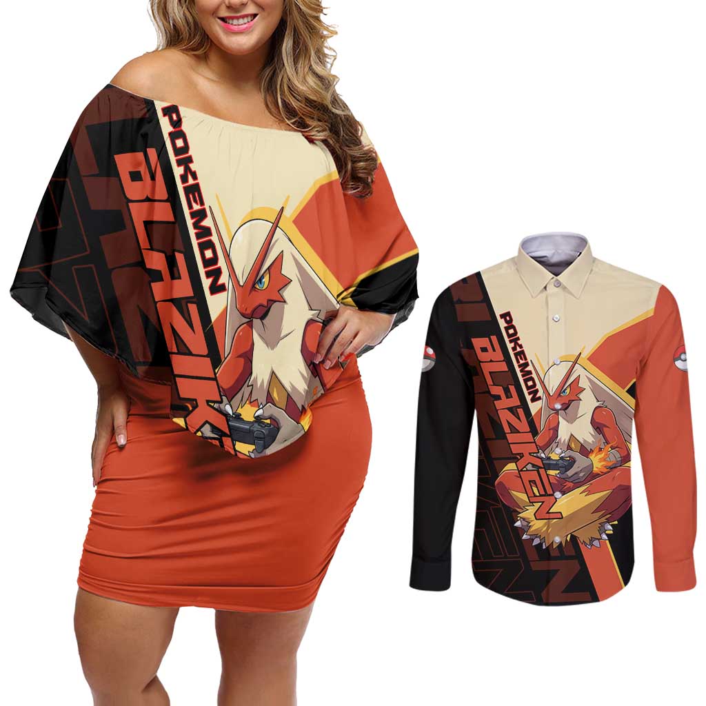 Blaziken Poké Couples Matching Off Shoulder Short Dress and Long Sleeve Button Shirt Retro Anime Vector Style