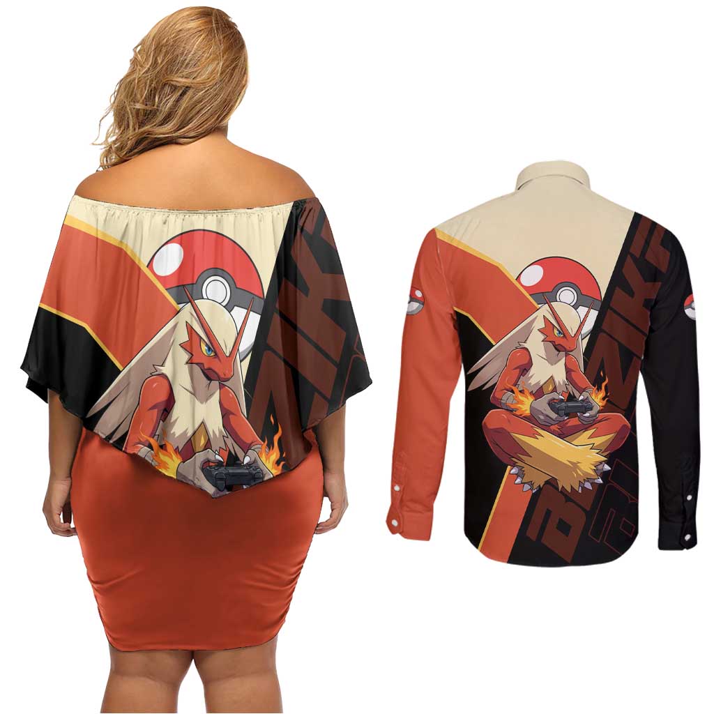 Blaziken Poké Couples Matching Off Shoulder Short Dress and Long Sleeve Button Shirt Retro Anime Vector Style