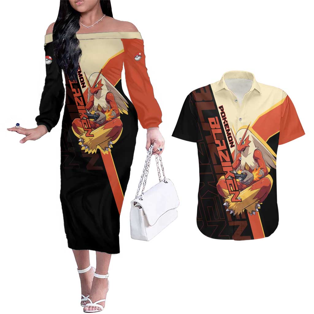 Blaziken Poké Couples Matching Off The Shoulder Long Sleeve Dress and Hawaiian Shirt Retro Anime Vector Style