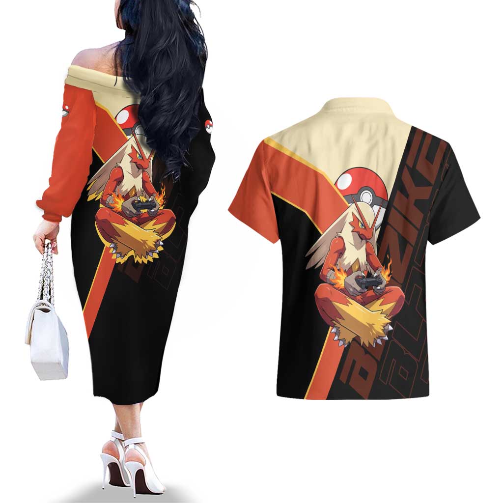 Blaziken Poké Couples Matching Off The Shoulder Long Sleeve Dress and Hawaiian Shirt Retro Anime Vector Style