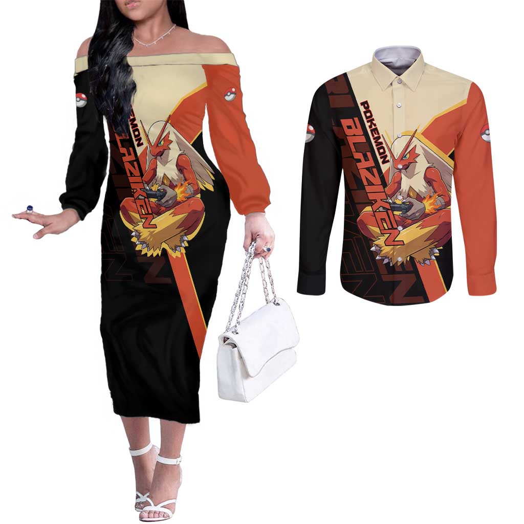 Blaziken Poké Couples Matching Off The Shoulder Long Sleeve Dress and Long Sleeve Button Shirt Retro Anime Vector Style
