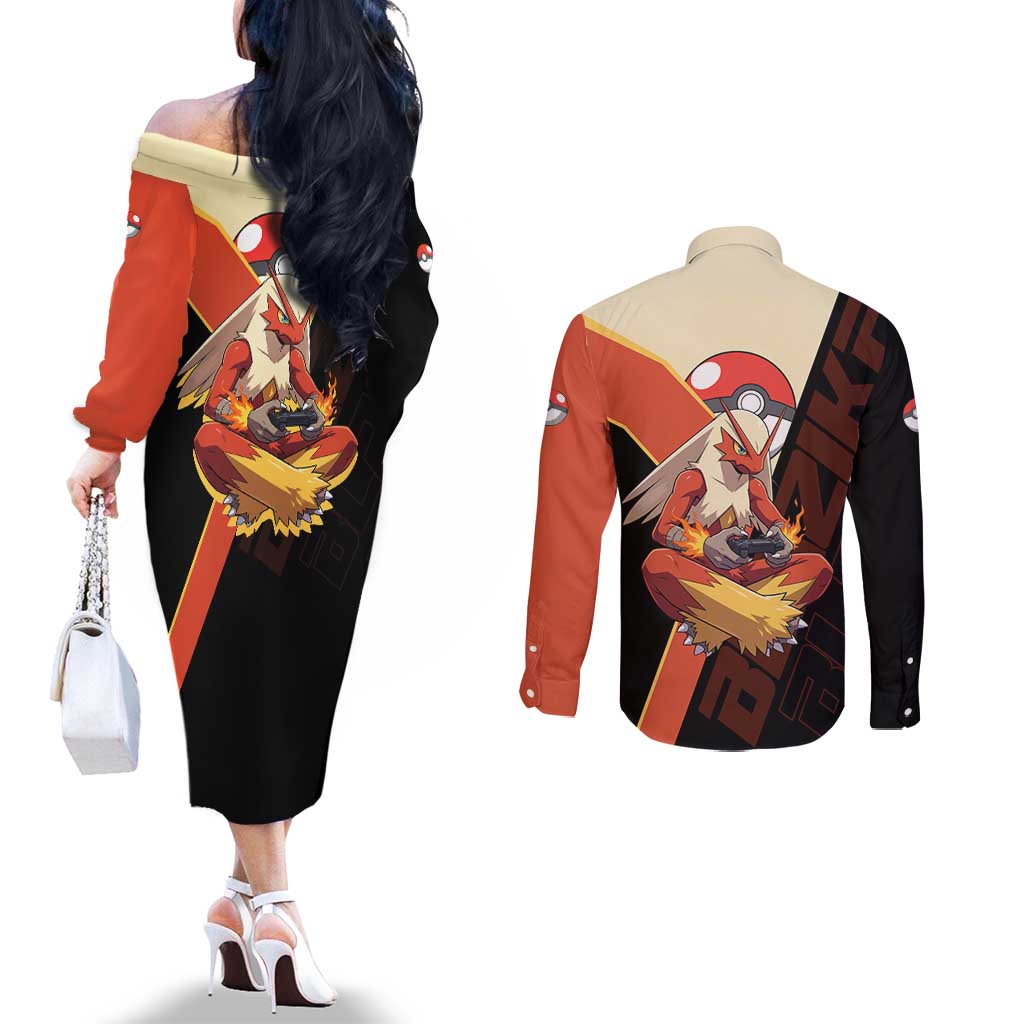 Blaziken Poké Couples Matching Off The Shoulder Long Sleeve Dress and Long Sleeve Button Shirt Retro Anime Vector Style