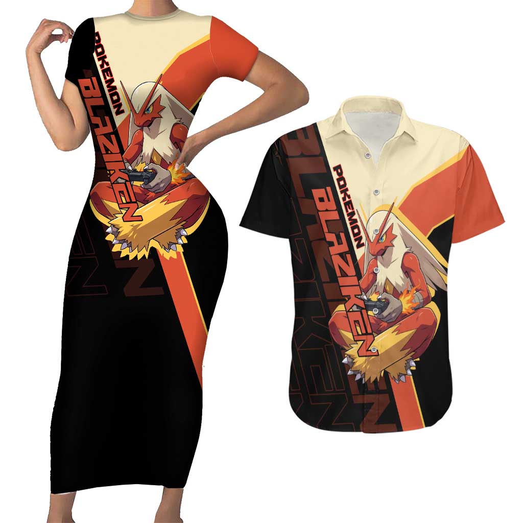 Blaziken Poké Couples Matching Short Sleeve Bodycon Dress and Hawaiian Shirt Retro Anime Vector Style