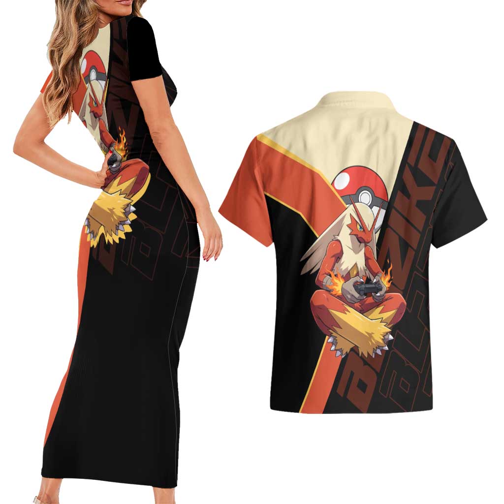 Blaziken Poké Couples Matching Short Sleeve Bodycon Dress and Hawaiian Shirt Retro Anime Vector Style