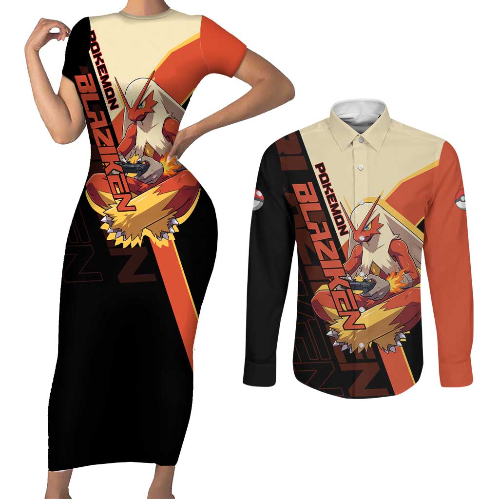 Blaziken Poké Couples Matching Short Sleeve Bodycon Dress and Long Sleeve Button Shirt Retro Anime Vector Style