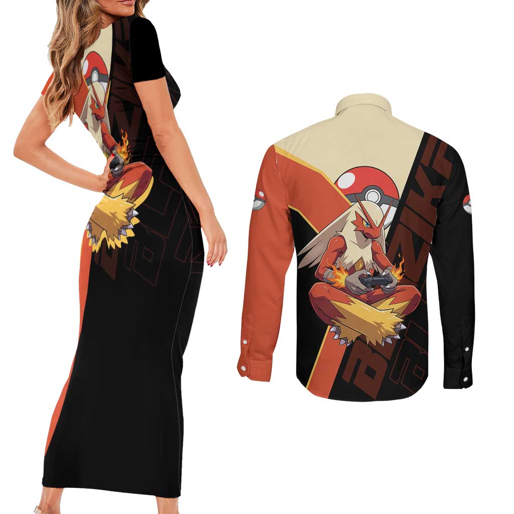 Blaziken Poké Couples Matching Short Sleeve Bodycon Dress and Long Sleeve Button Shirt Retro Anime Vector Style