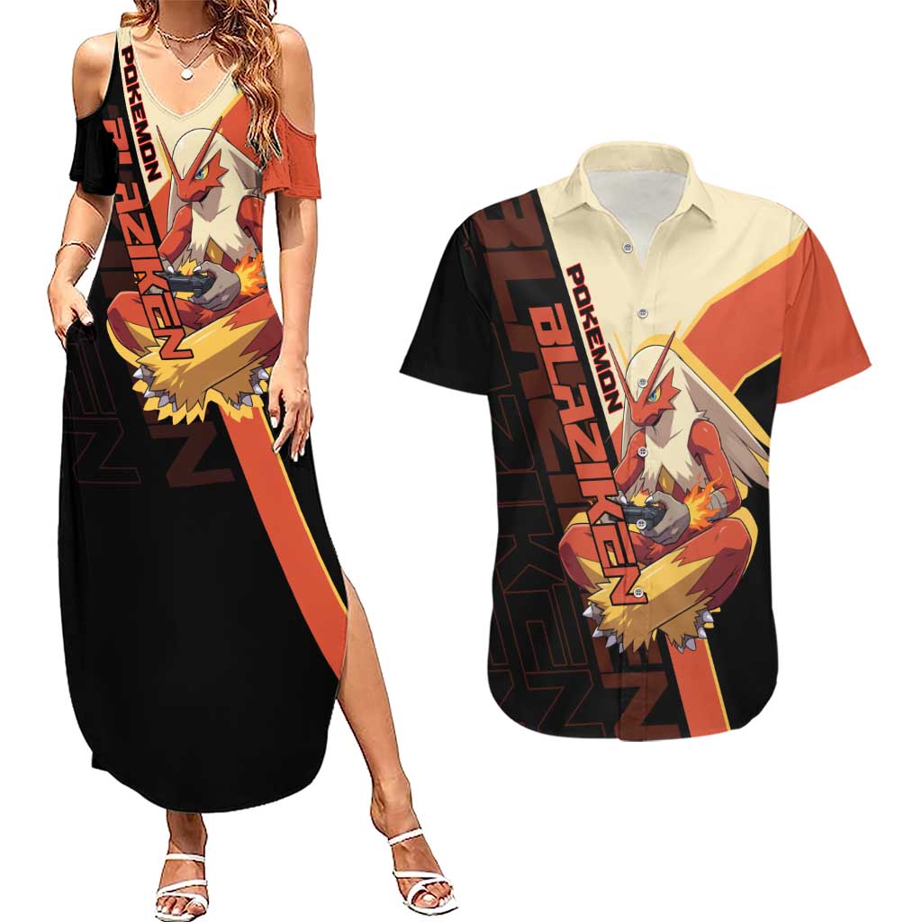 Blaziken Poké Couples Matching Summer Maxi Dress and Hawaiian Shirt Retro Anime Vector Style