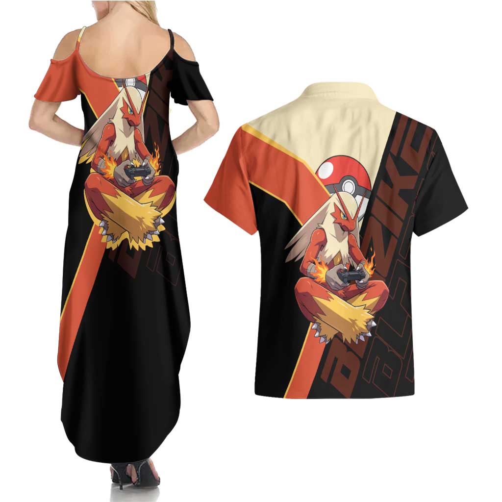 Blaziken Poké Couples Matching Summer Maxi Dress and Hawaiian Shirt Retro Anime Vector Style