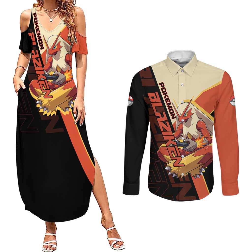 Blaziken Poké Couples Matching Summer Maxi Dress and Long Sleeve Button Shirt Retro Anime Vector Style