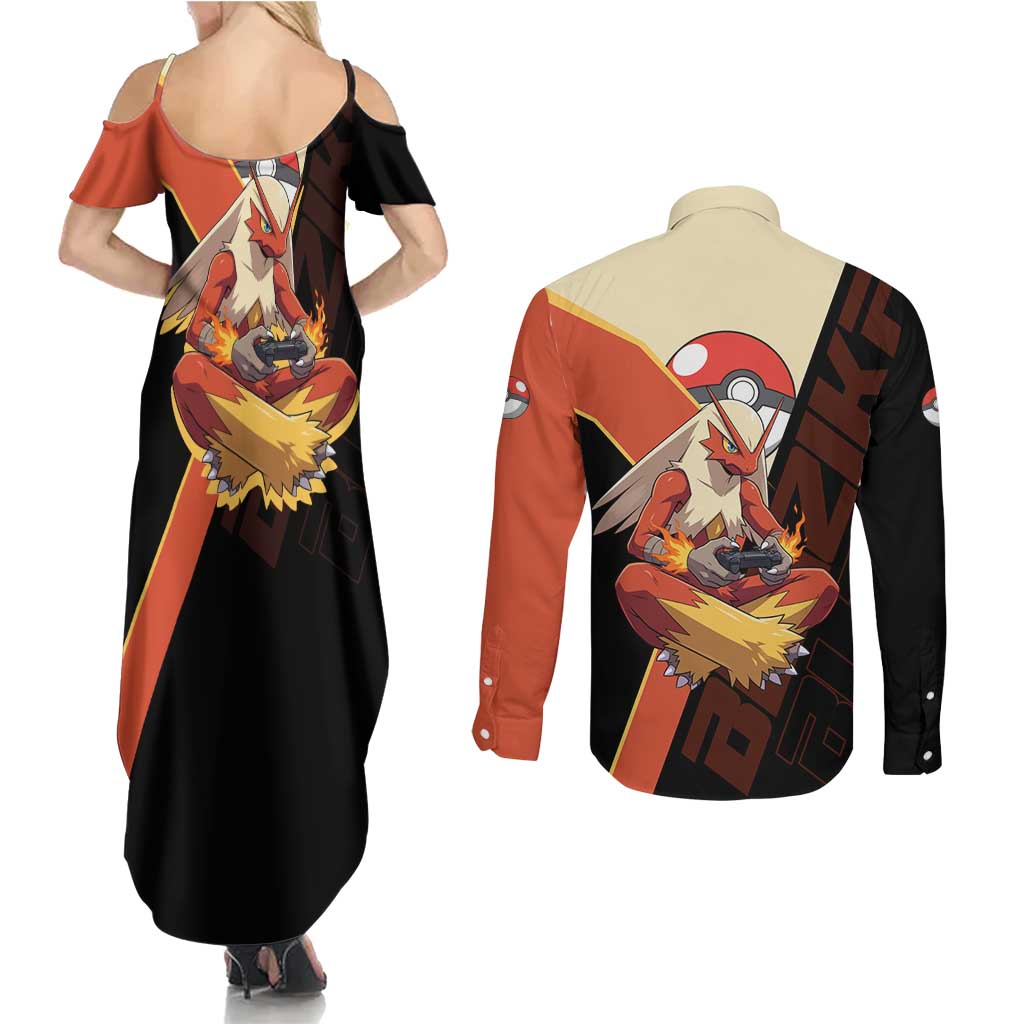 Blaziken Poké Couples Matching Summer Maxi Dress and Long Sleeve Button Shirt Retro Anime Vector Style