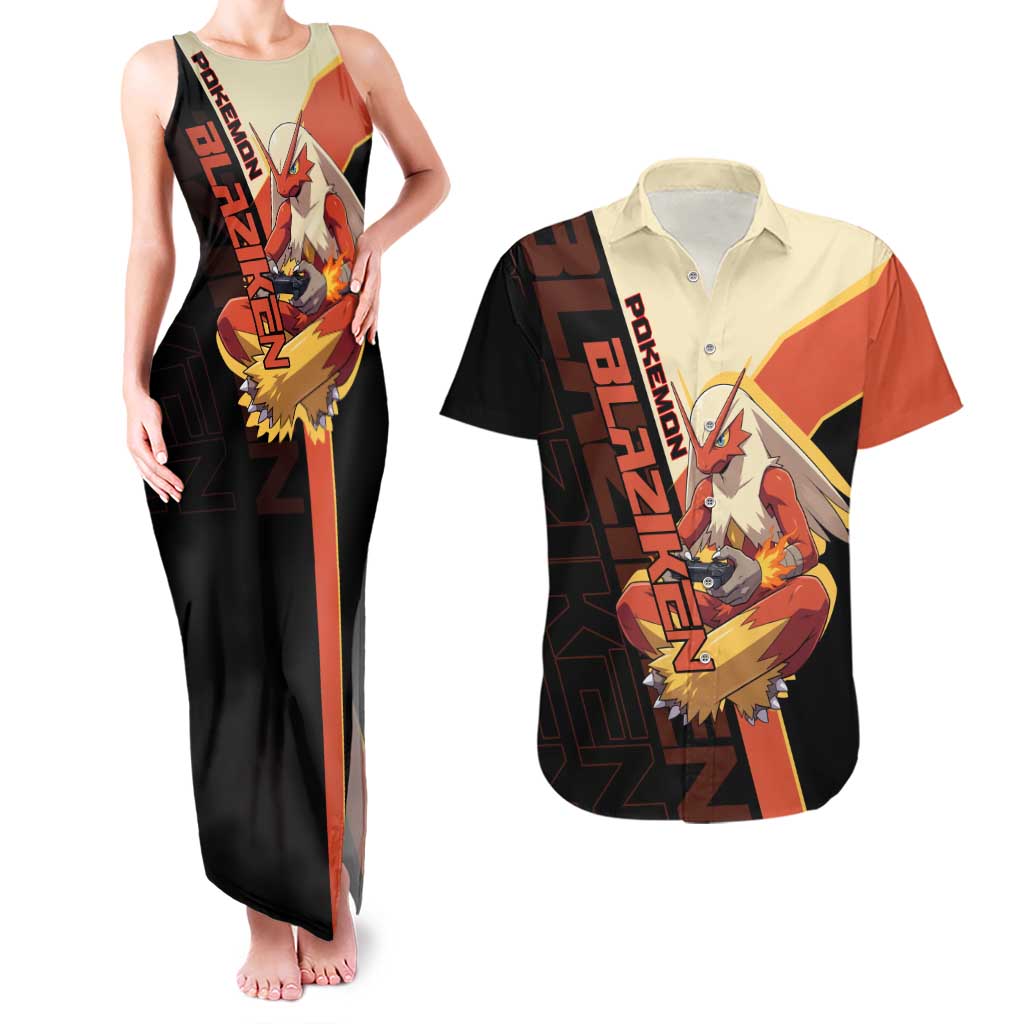 Blaziken Poké Couples Matching Tank Maxi Dress and Hawaiian Shirt Retro Anime Vector Style