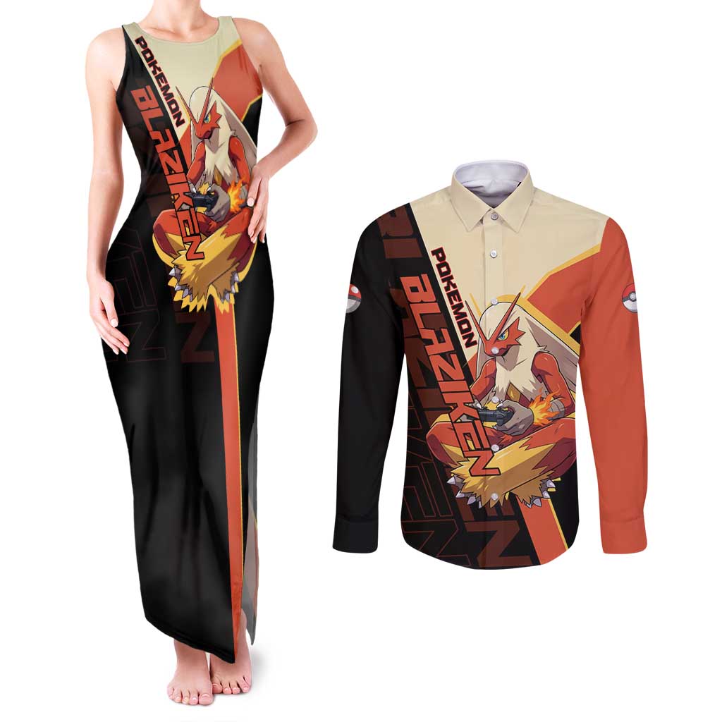 Blaziken Poké Couples Matching Tank Maxi Dress and Long Sleeve Button Shirt Retro Anime Vector Style