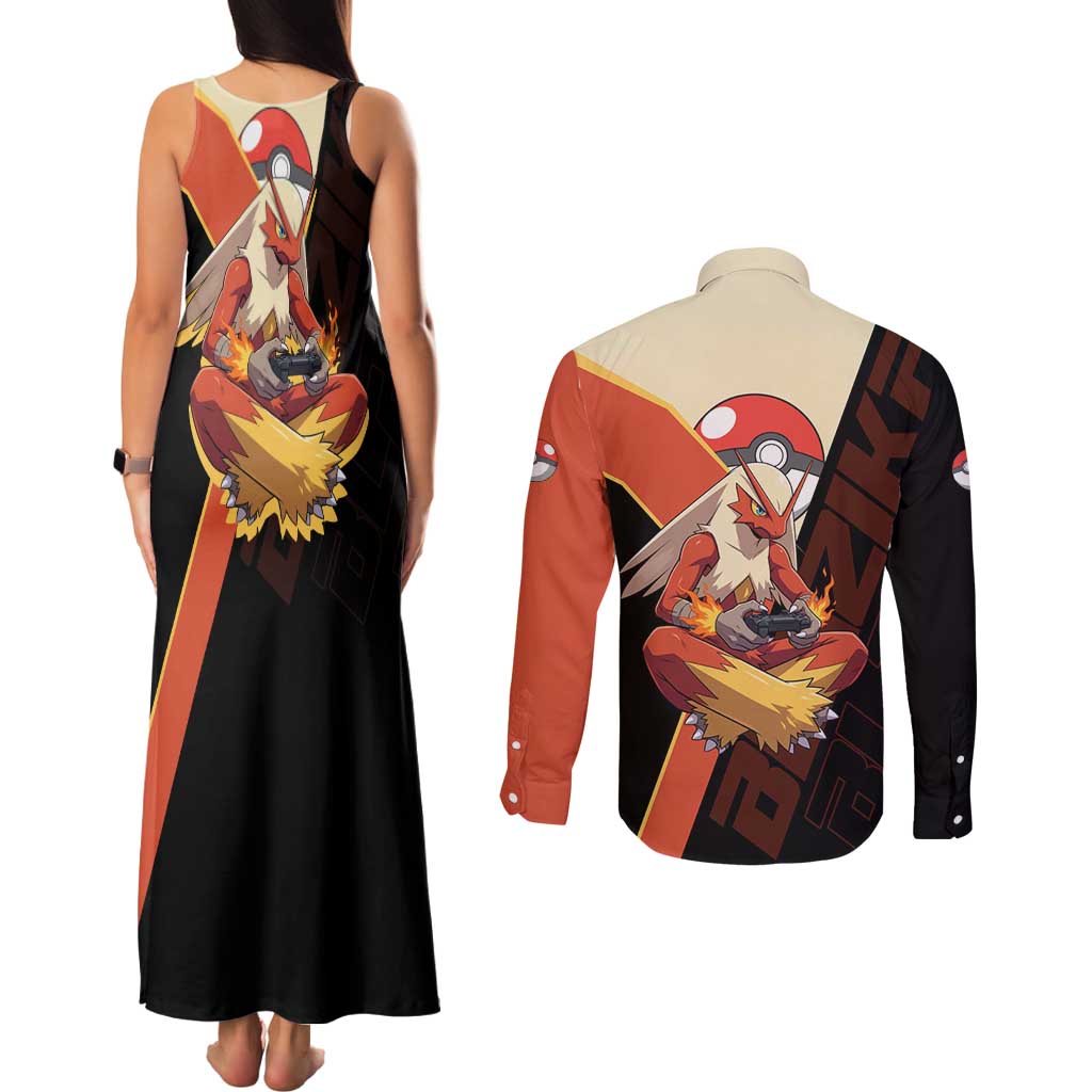 Blaziken Poké Couples Matching Tank Maxi Dress and Long Sleeve Button Shirt Retro Anime Vector Style