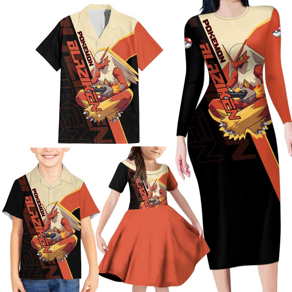 Blaziken Poké Family Matching Long Sleeve Bodycon Dress and Hawaiian Shirt Retro Anime Vector Style