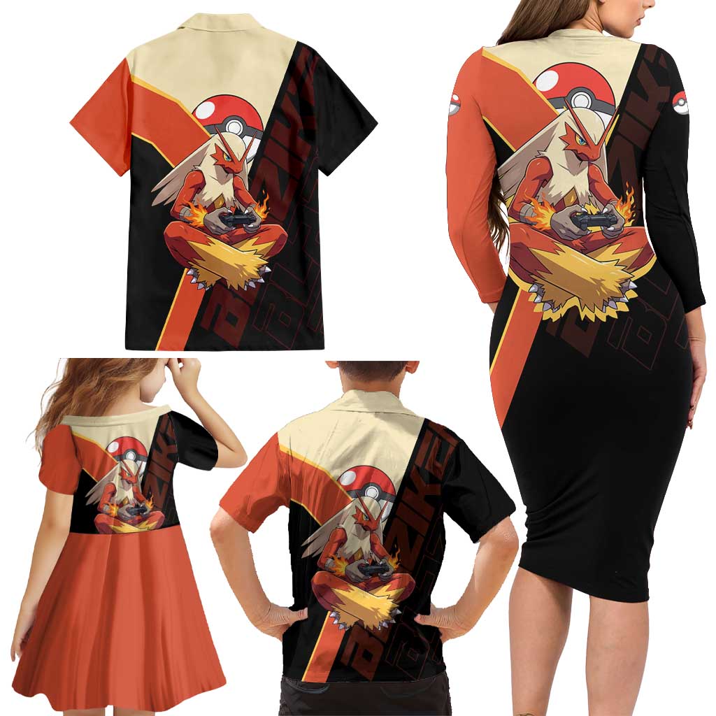 Blaziken Poké Family Matching Long Sleeve Bodycon Dress and Hawaiian Shirt Retro Anime Vector Style