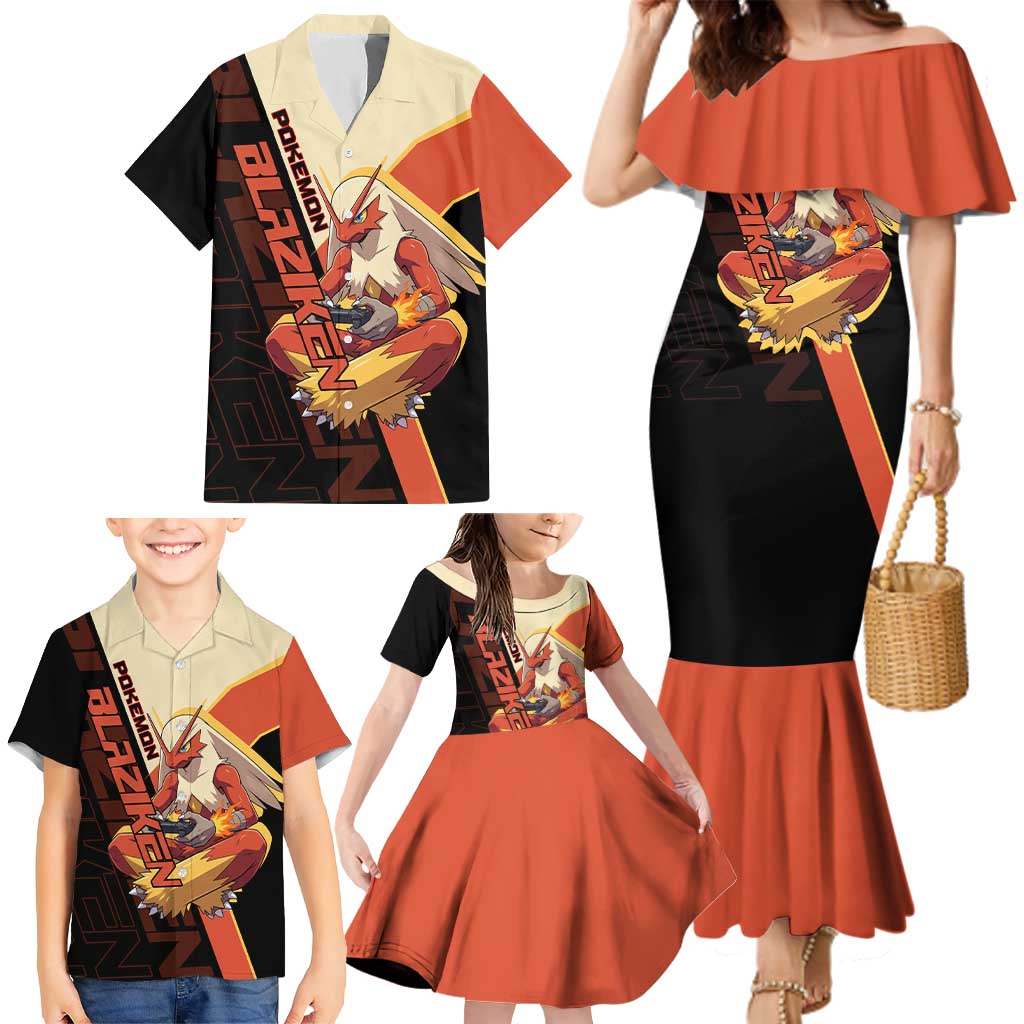 Blaziken Poké Family Matching Mermaid Dress and Hawaiian Shirt Retro Anime Vector Style