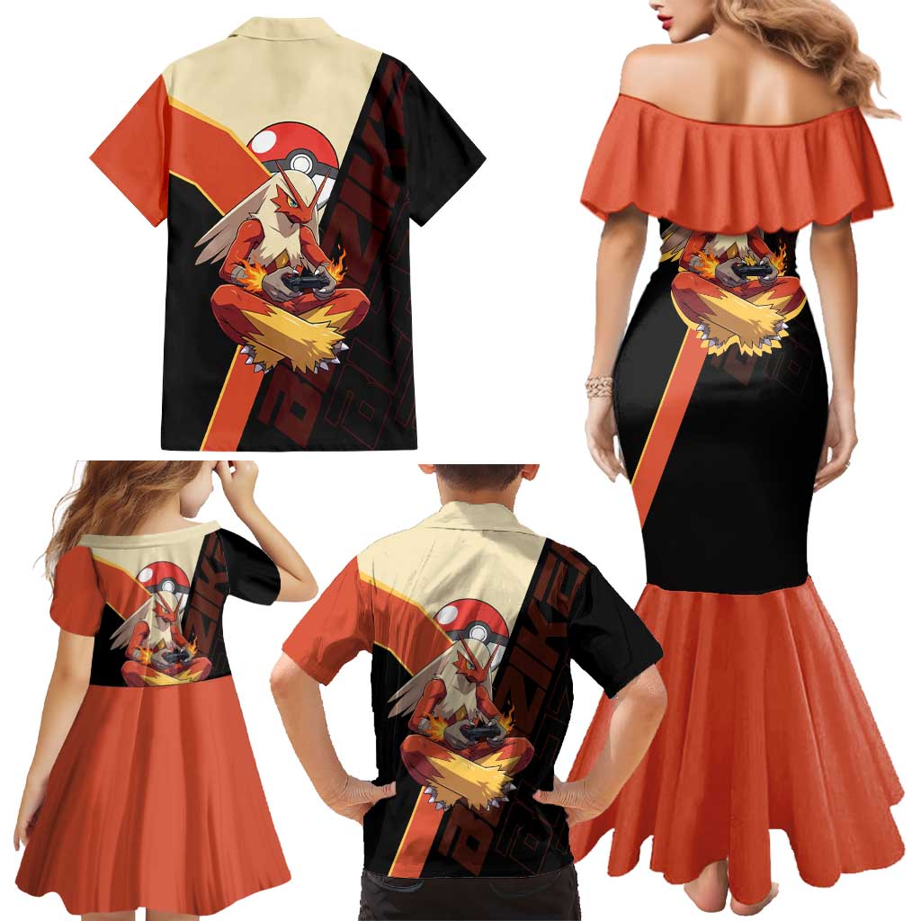 Blaziken Poké Family Matching Mermaid Dress and Hawaiian Shirt Retro Anime Vector Style