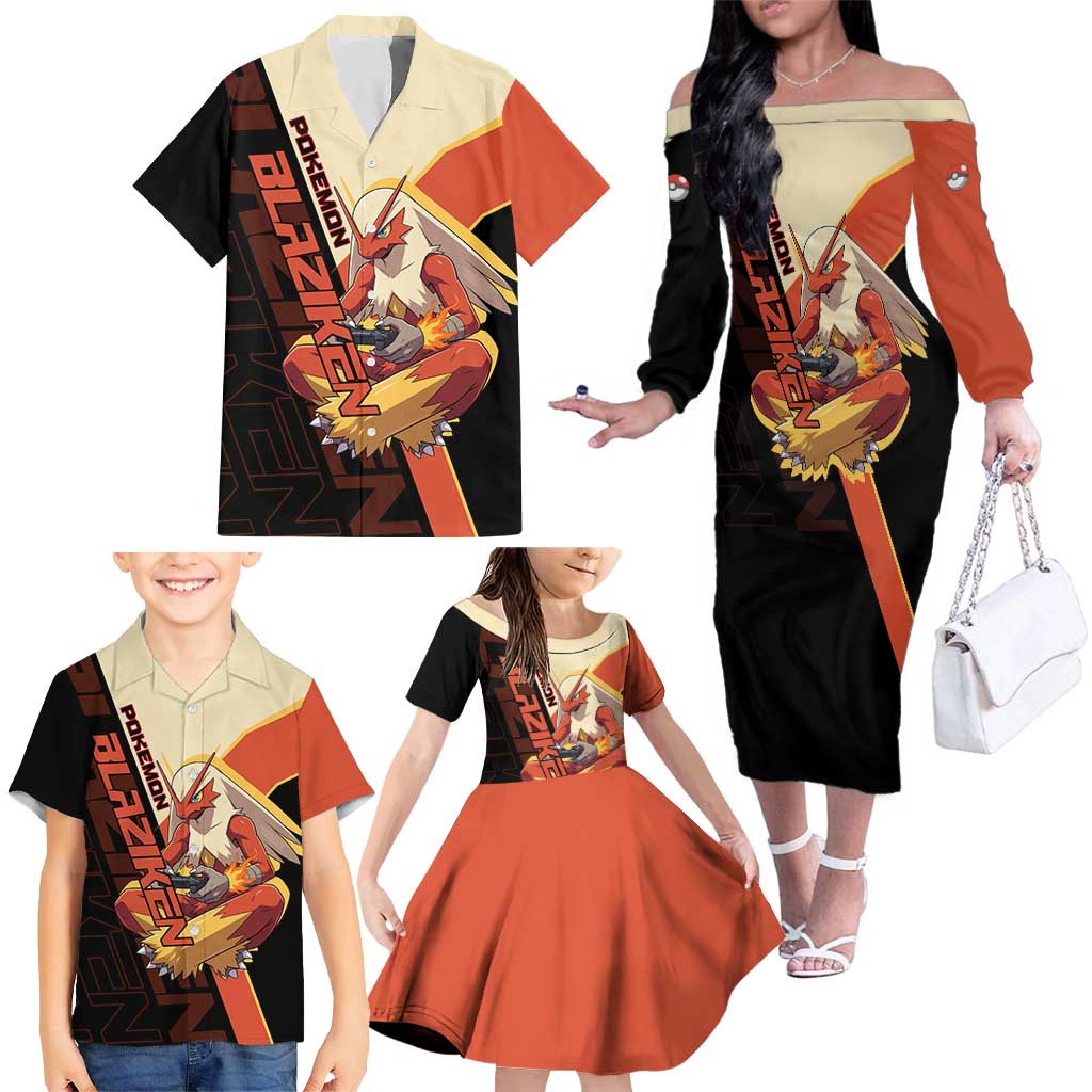 Blaziken Poké Family Matching Off The Shoulder Long Sleeve Dress and Hawaiian Shirt Retro Anime Vector Style