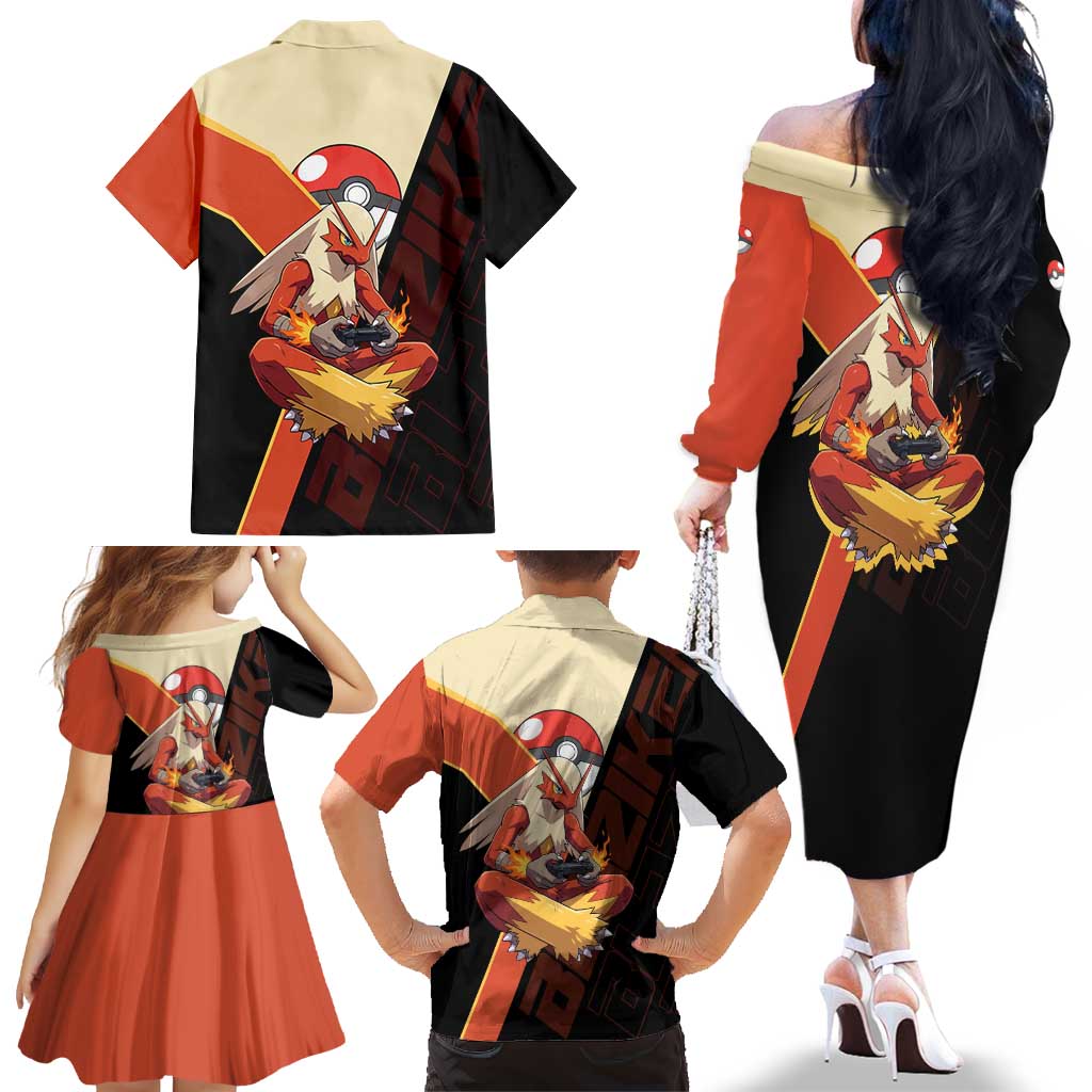 Blaziken Poké Family Matching Off The Shoulder Long Sleeve Dress and Hawaiian Shirt Retro Anime Vector Style