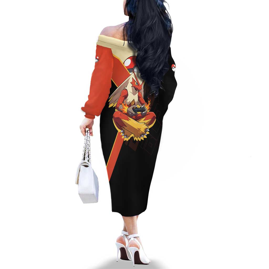 Blaziken Poké Family Matching Off The Shoulder Long Sleeve Dress and Hawaiian Shirt Retro Anime Vector Style