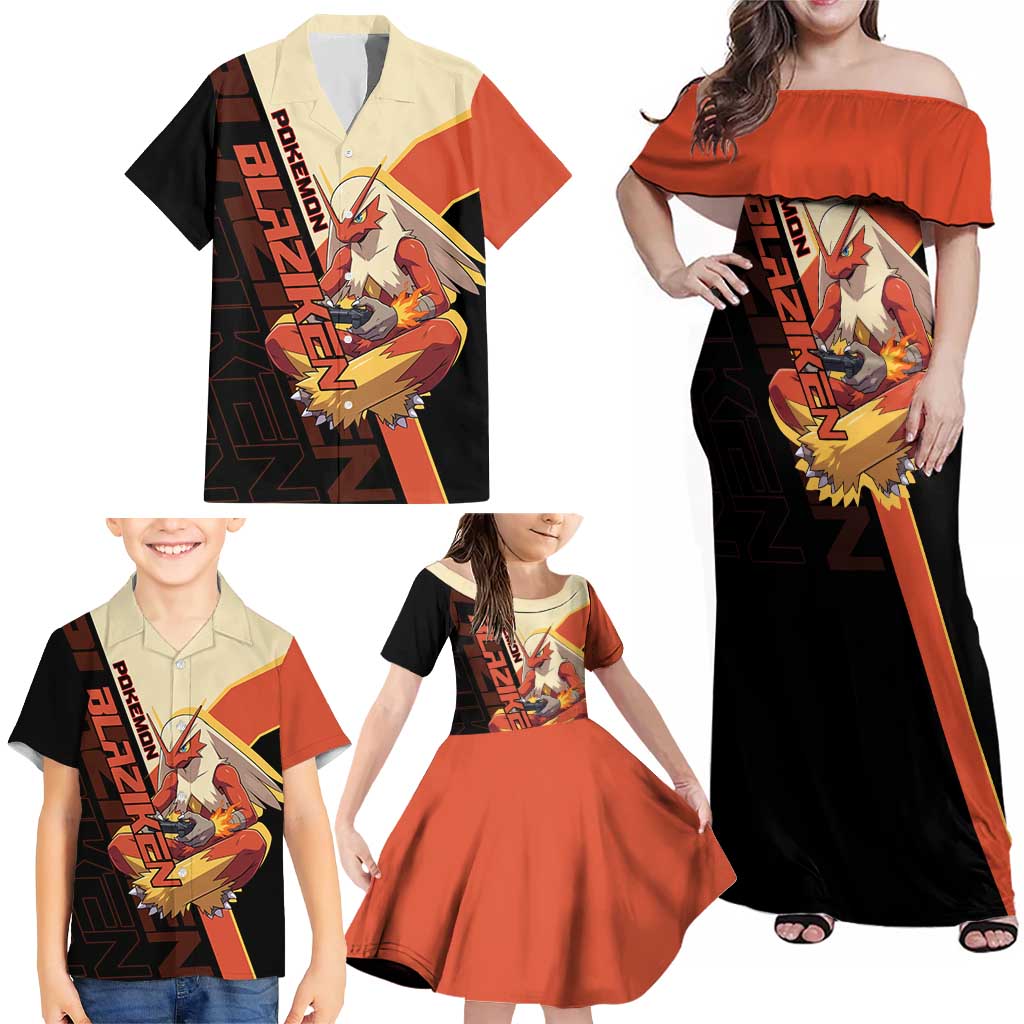 Blaziken Poké Family Matching Off Shoulder Maxi Dress and Hawaiian Shirt Retro Anime Vector Style