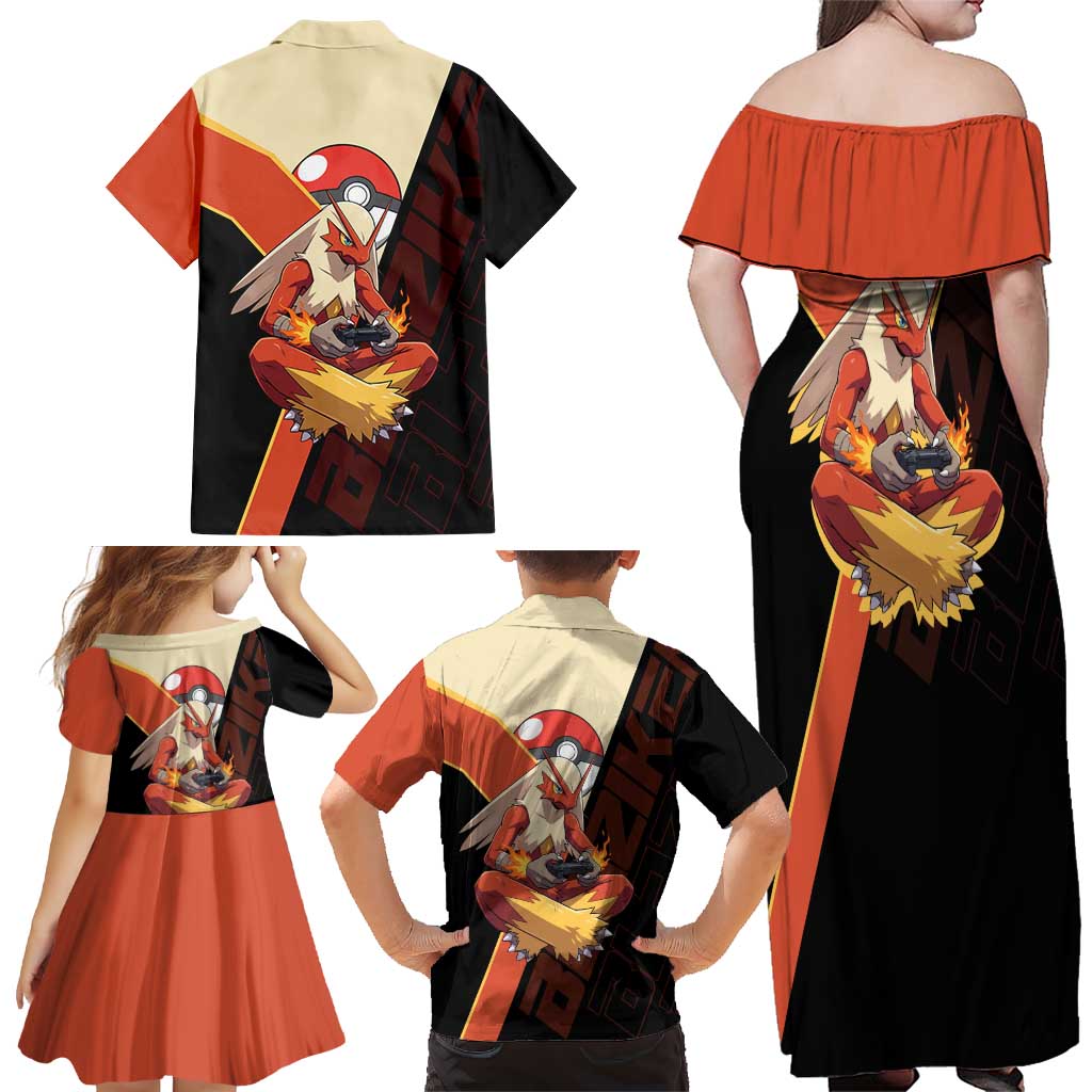 Blaziken Poké Family Matching Off Shoulder Maxi Dress and Hawaiian Shirt Retro Anime Vector Style