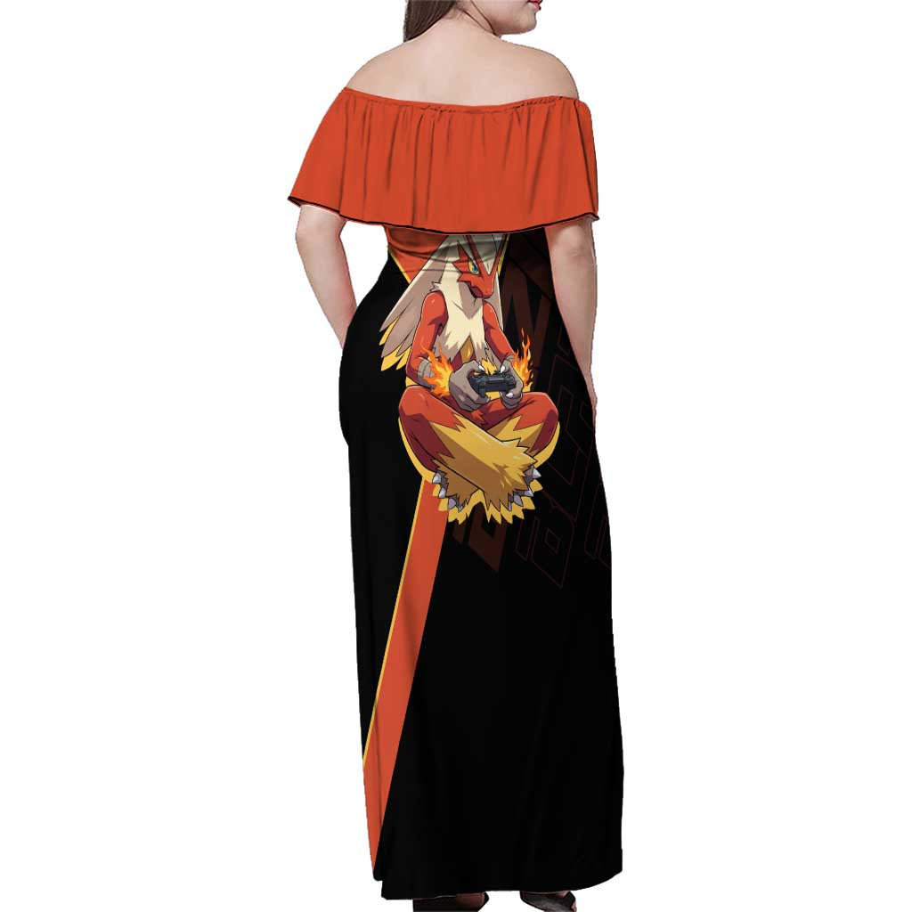 Blaziken Poké Family Matching Off Shoulder Maxi Dress and Hawaiian Shirt Retro Anime Vector Style