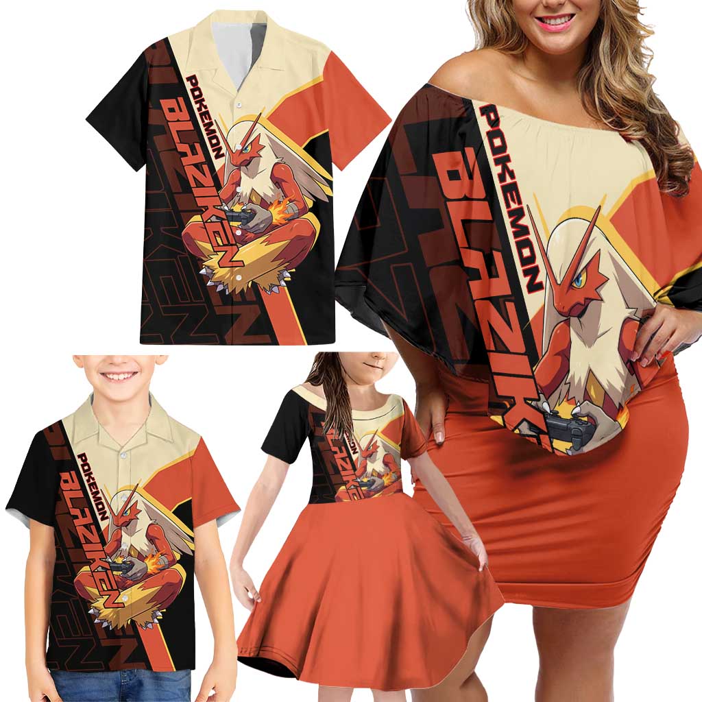 Blaziken Poké Family Matching Off Shoulder Short Dress and Hawaiian Shirt Retro Anime Vector Style