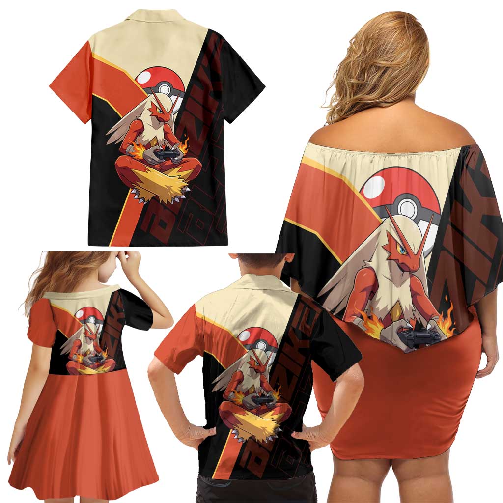 Blaziken Poké Family Matching Off Shoulder Short Dress and Hawaiian Shirt Retro Anime Vector Style