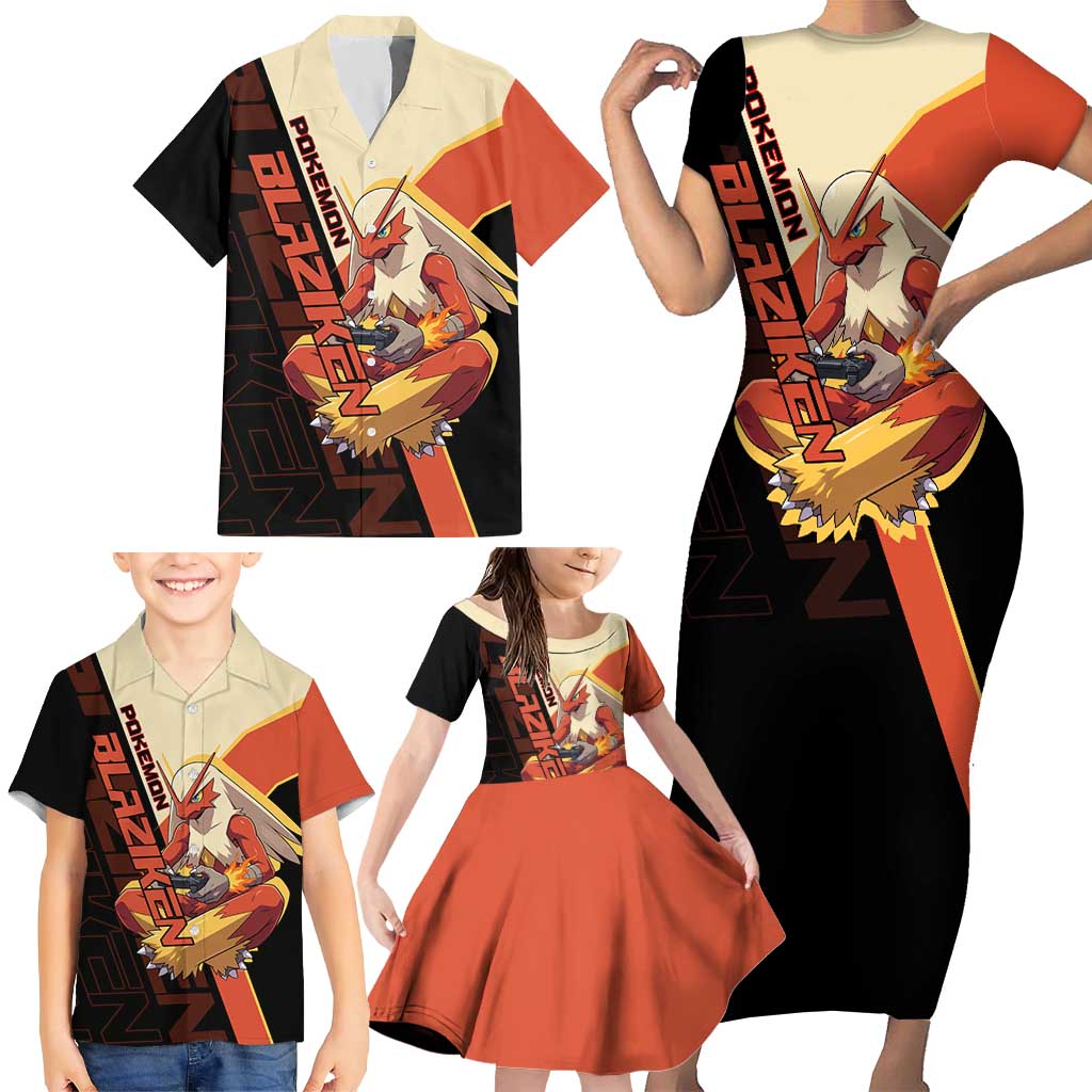 Blaziken Poké Family Matching Short Sleeve Bodycon Dress and Hawaiian Shirt Retro Anime Vector Style