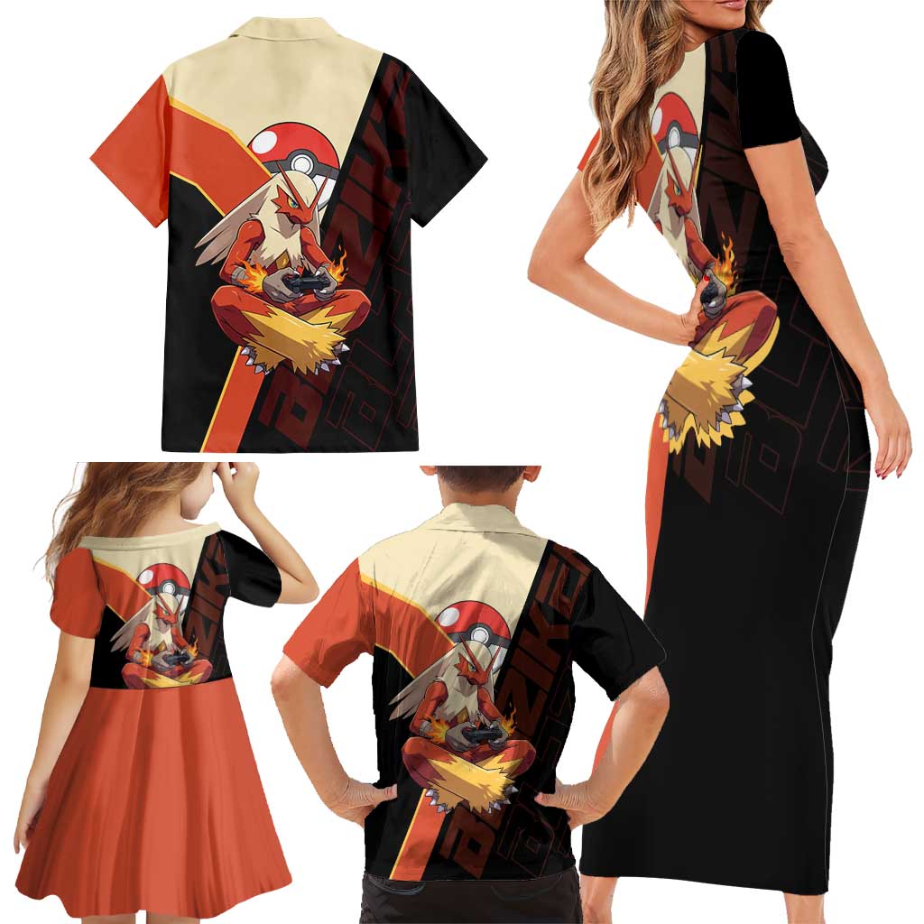 Blaziken Poké Family Matching Short Sleeve Bodycon Dress and Hawaiian Shirt Retro Anime Vector Style