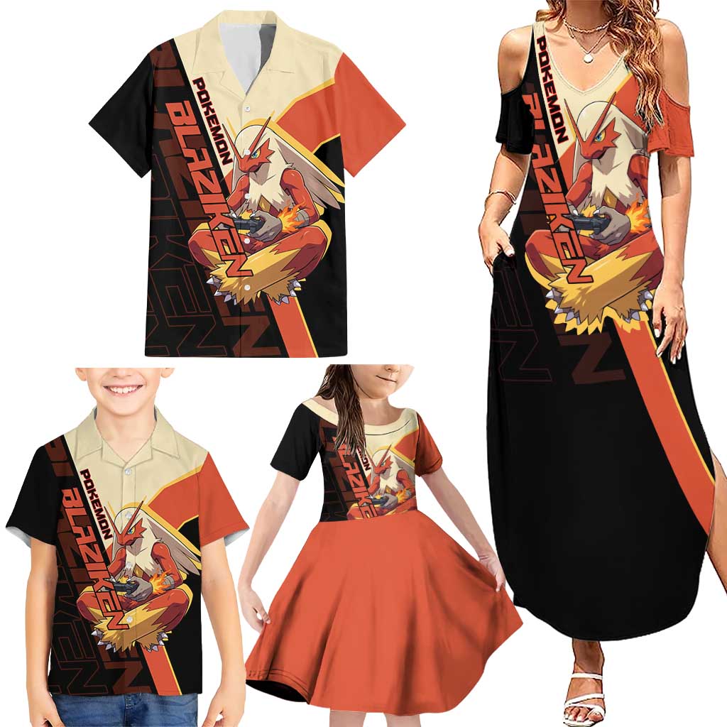 Blaziken Poké Family Matching Summer Maxi Dress and Hawaiian Shirt Retro Anime Vector Style