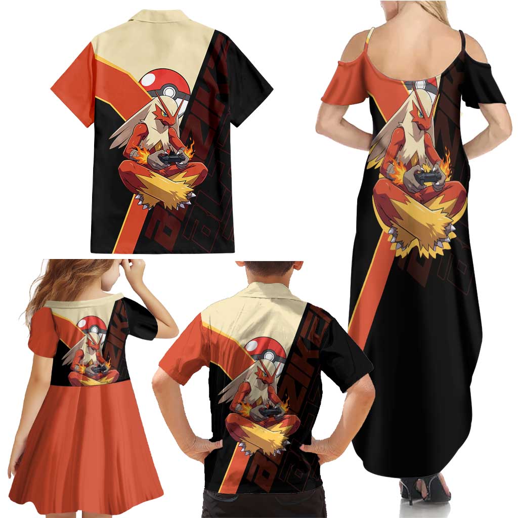 Blaziken Poké Family Matching Summer Maxi Dress and Hawaiian Shirt Retro Anime Vector Style