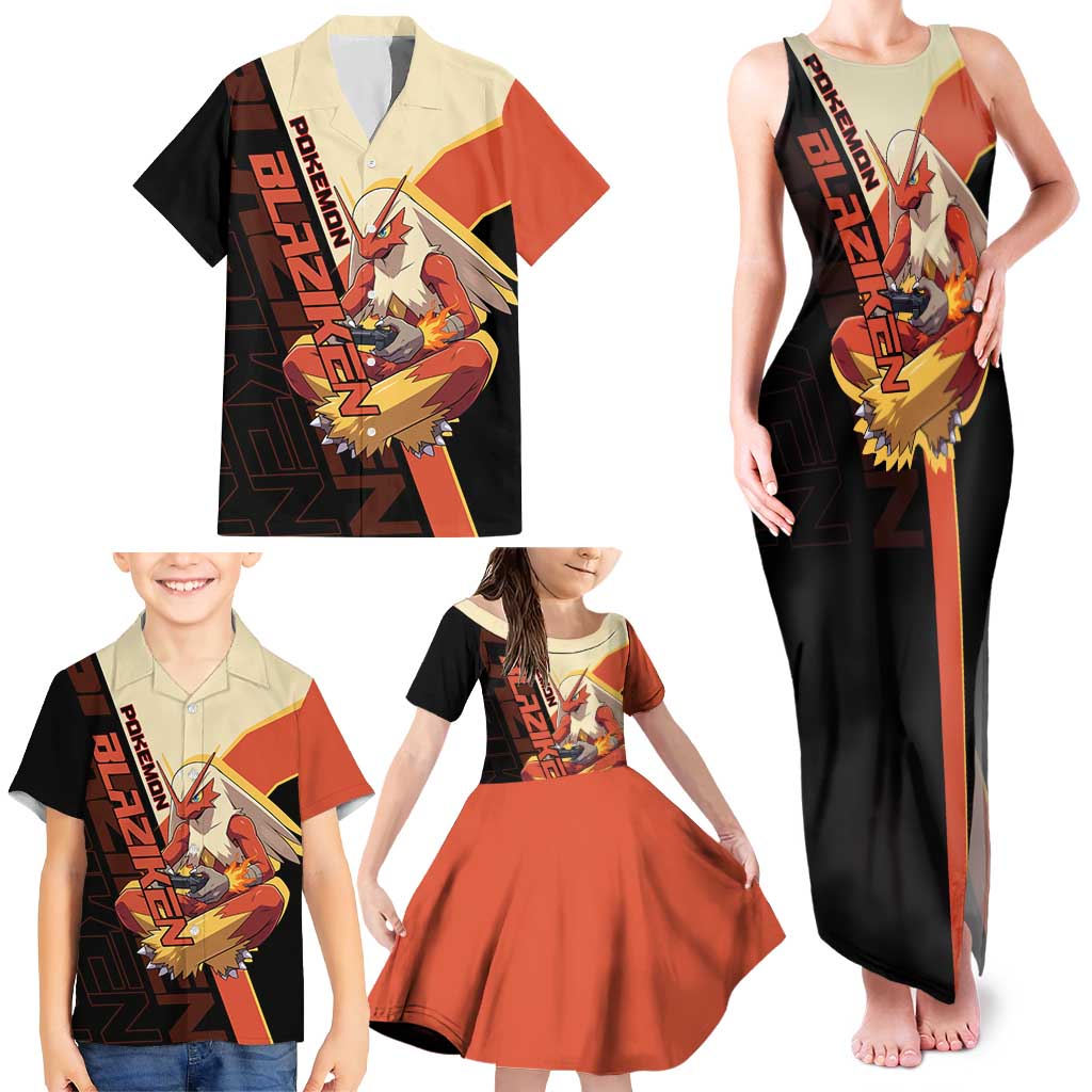 Blaziken Poké Family Matching Tank Maxi Dress and Hawaiian Shirt Retro Anime Vector Style