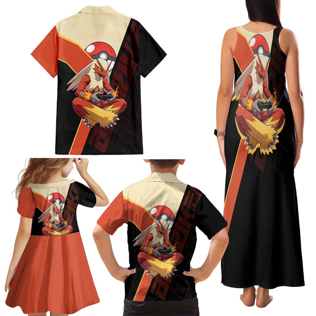 Blaziken Poké Family Matching Tank Maxi Dress and Hawaiian Shirt Retro Anime Vector Style