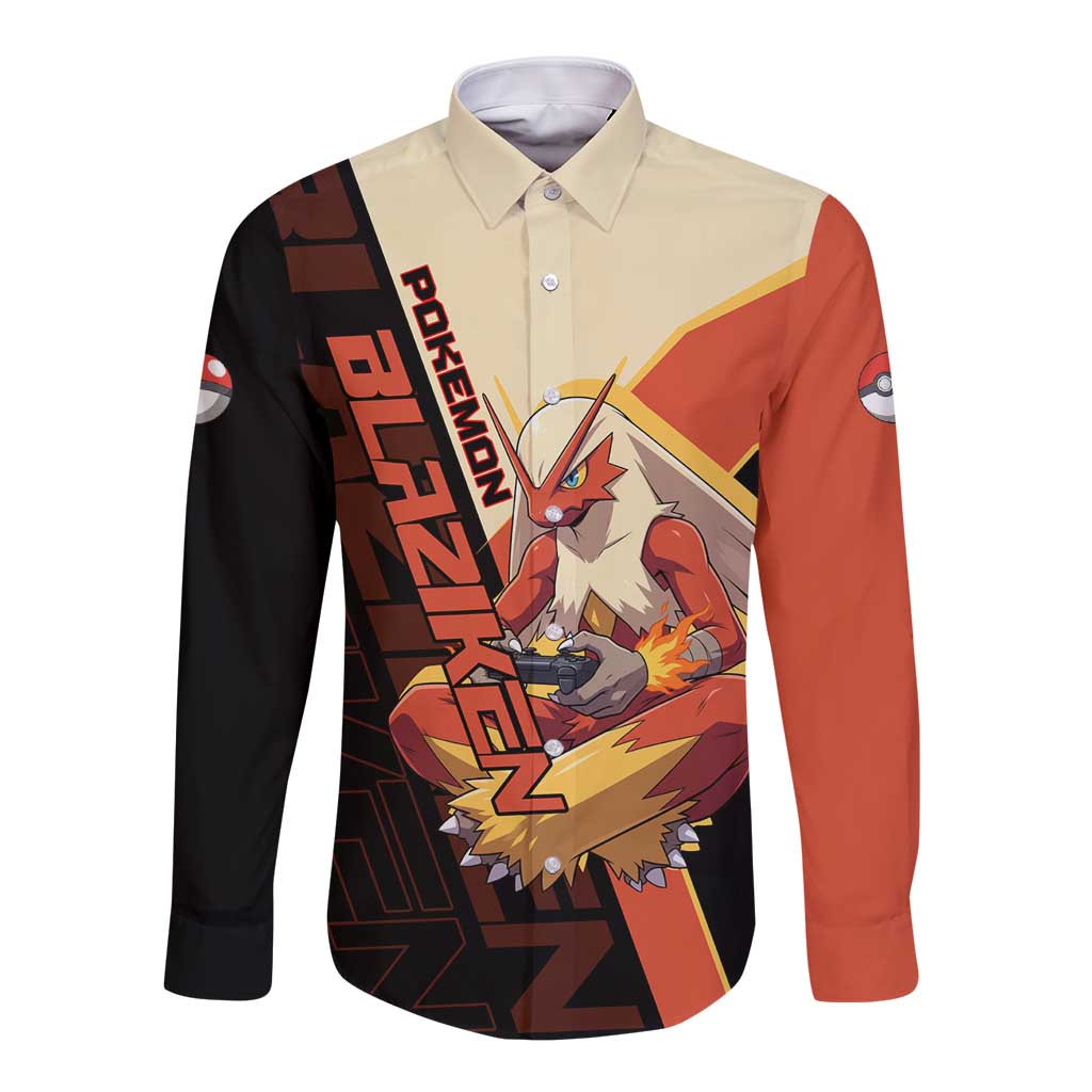 Blaziken Poké Long Sleeve Button Shirt Retro Anime Vector Style