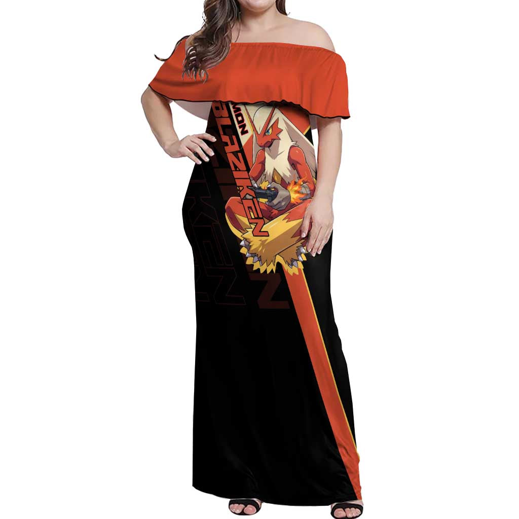 Blaziken Poké Off Shoulder Maxi Dress Retro Anime Vector Style