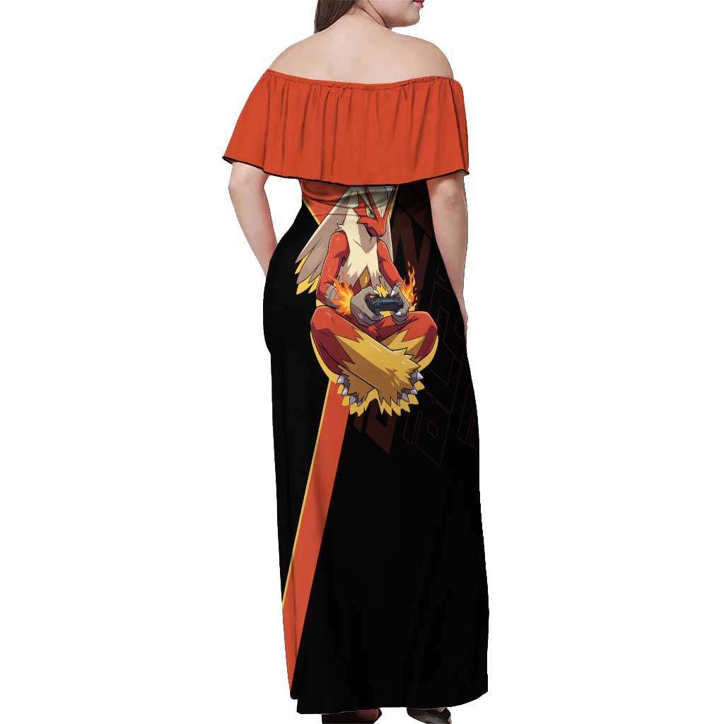 Blaziken Poké Off Shoulder Maxi Dress Retro Anime Vector Style