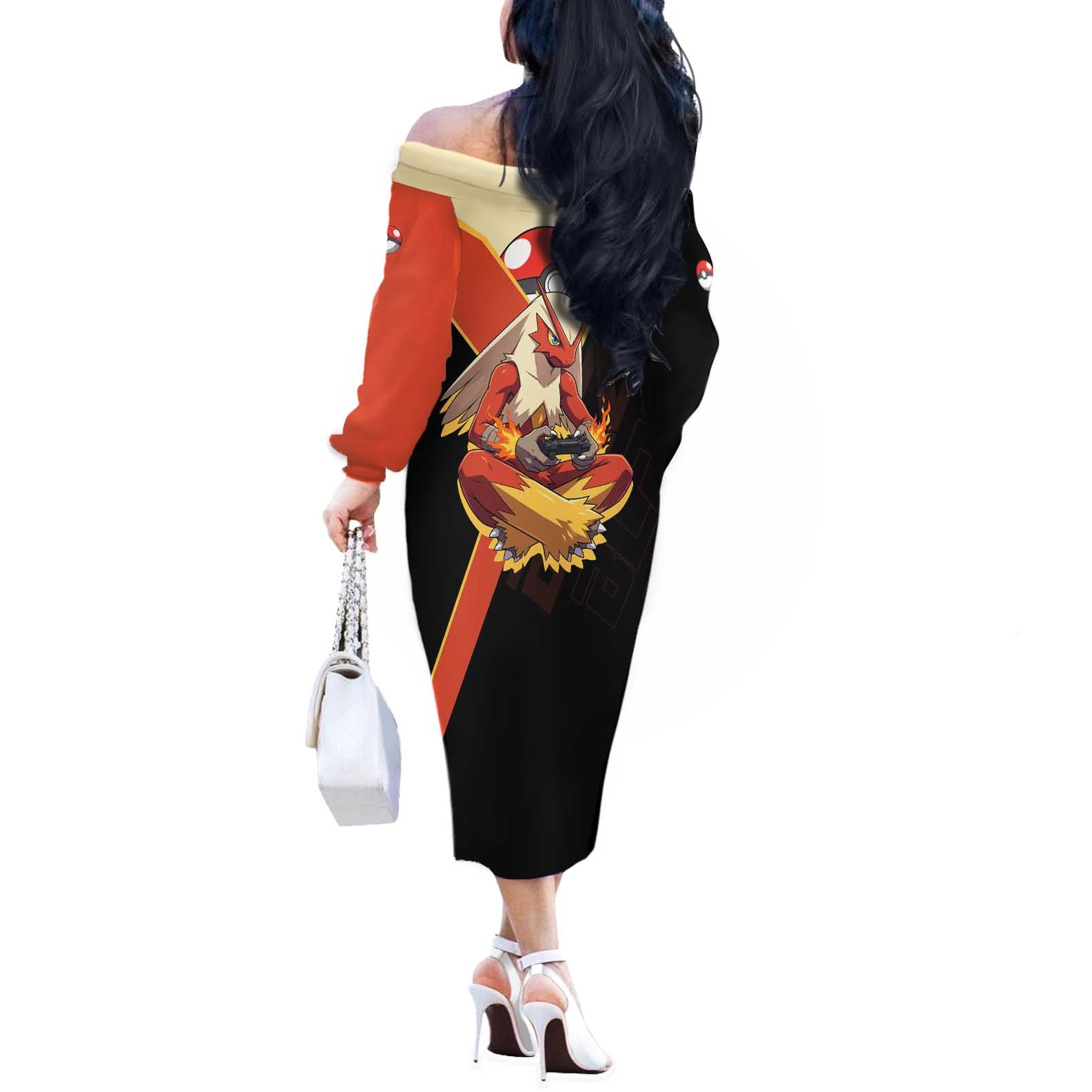 Blaziken Poké Off The Shoulder Long Sleeve Dress Retro Anime Vector Style