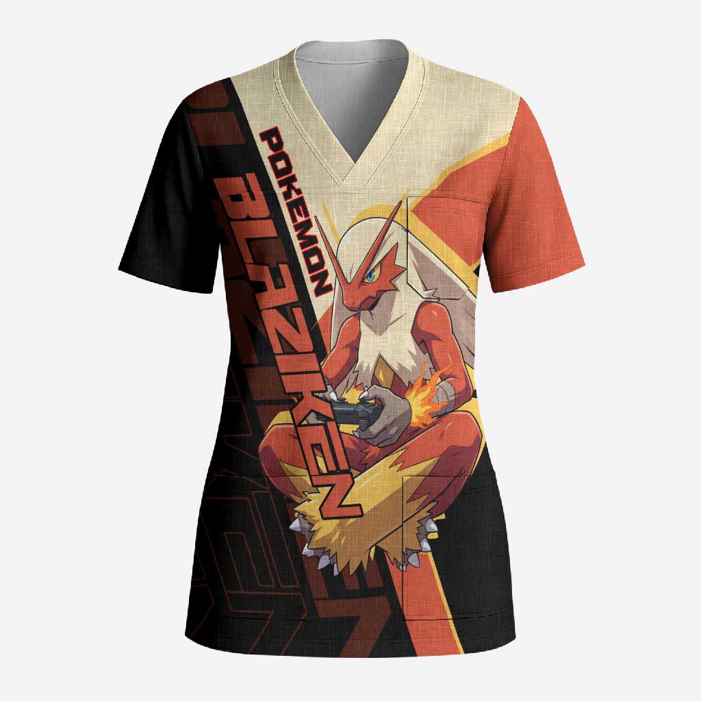 Blaziken Poké Scrub Top Retro Anime Vector Style