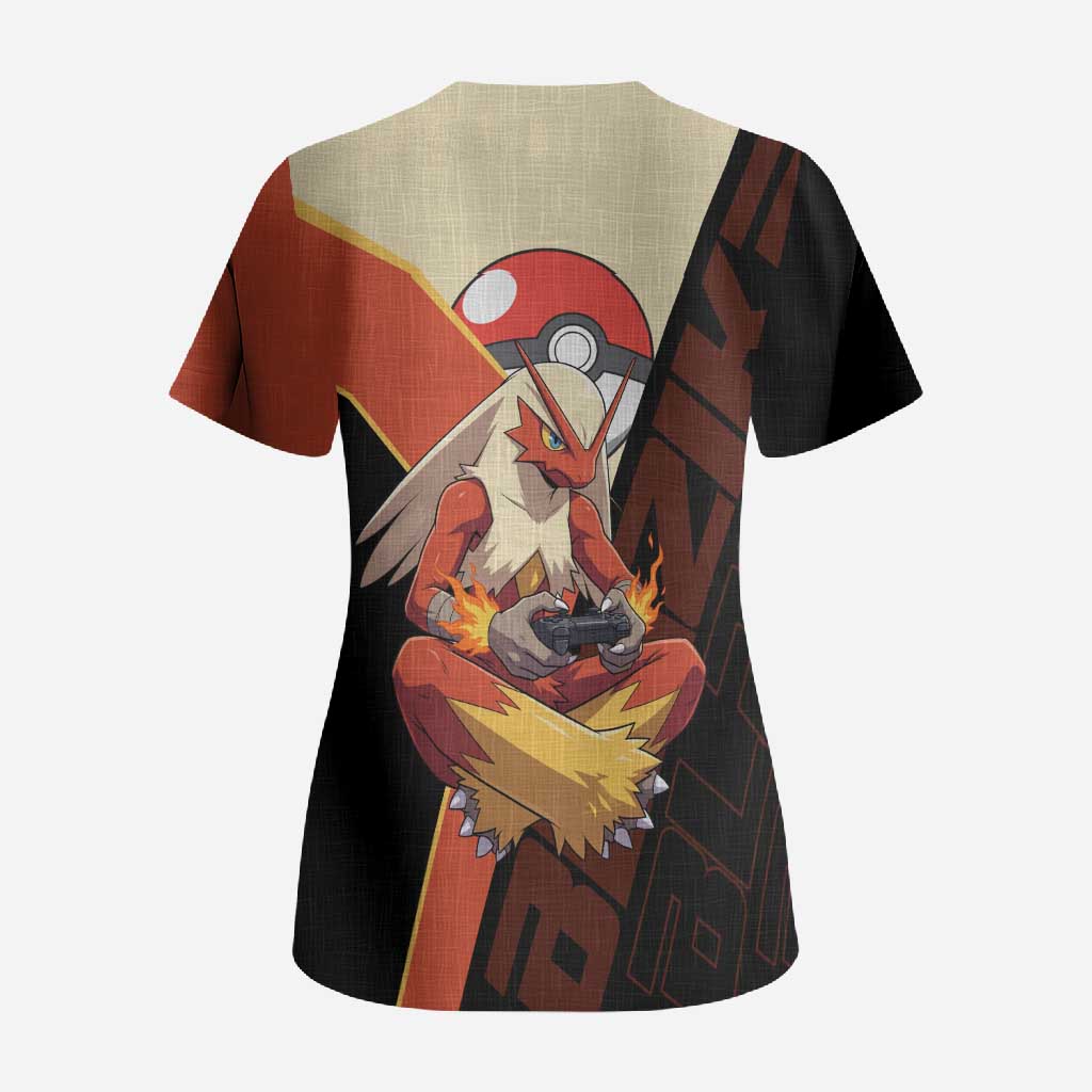 Blaziken Poké Scrub Top Retro Anime Vector Style