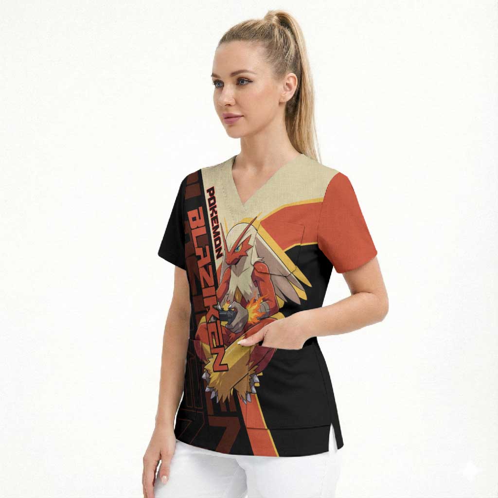 Blaziken Poké Scrub Top Retro Anime Vector Style