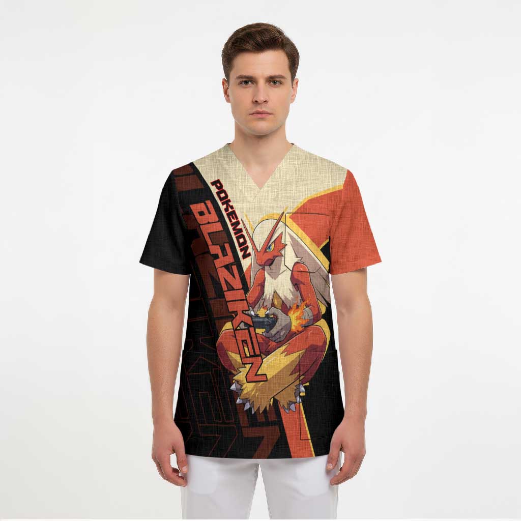 Blaziken Poké Scrub Top Retro Anime Vector Style
