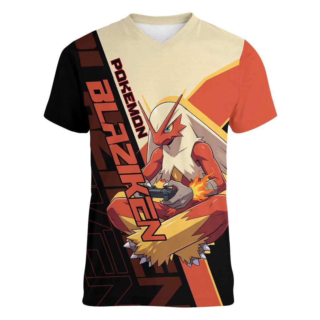 Blaziken Poké Women V-Neck T-Shirt Retro Anime Vector Style
