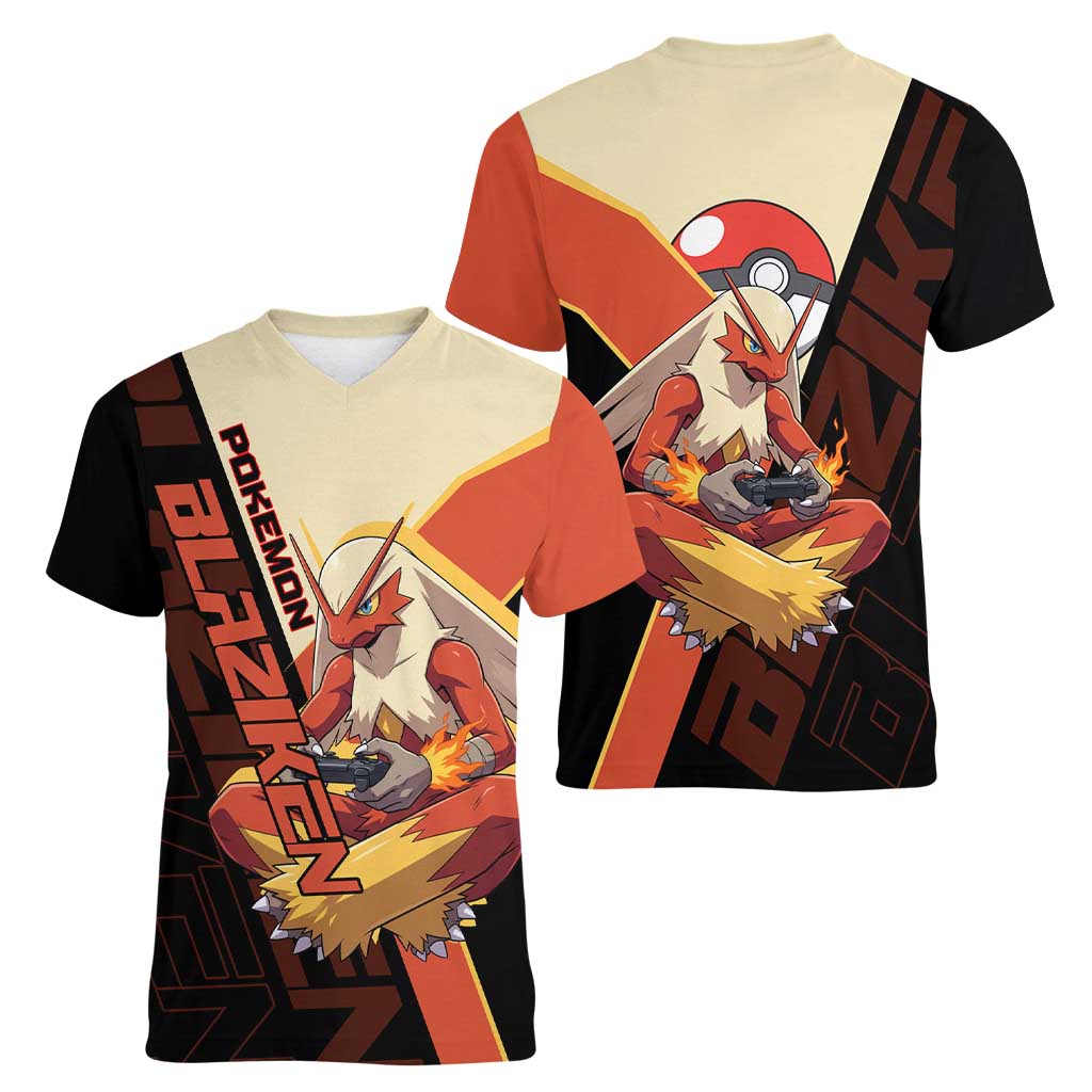 Blaziken Poké Women V-Neck T-Shirt Retro Anime Vector Style