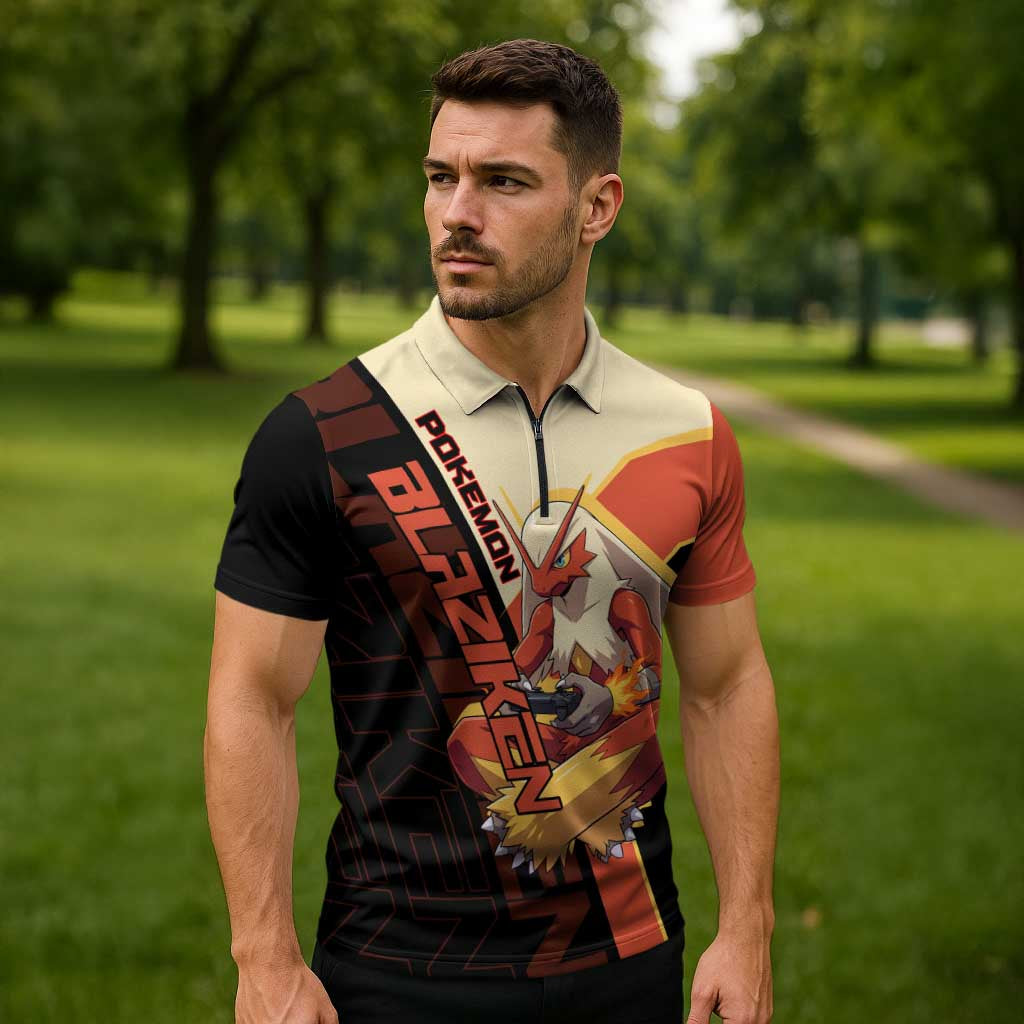 Blaziken Poké Zipper Polo Shirt Retro Anime Vector Style